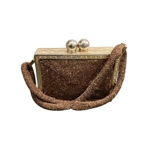 VTG Purse Women’s 1Size Hard Shell Box Purse Beaded With Metal Frame Brown &Gold